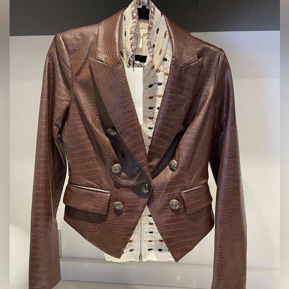 $698 Veronica Beard Cooke Vegan Croc Leather Dickey Jacket blazer Sz 4 Chicory - Picture 15 of 16